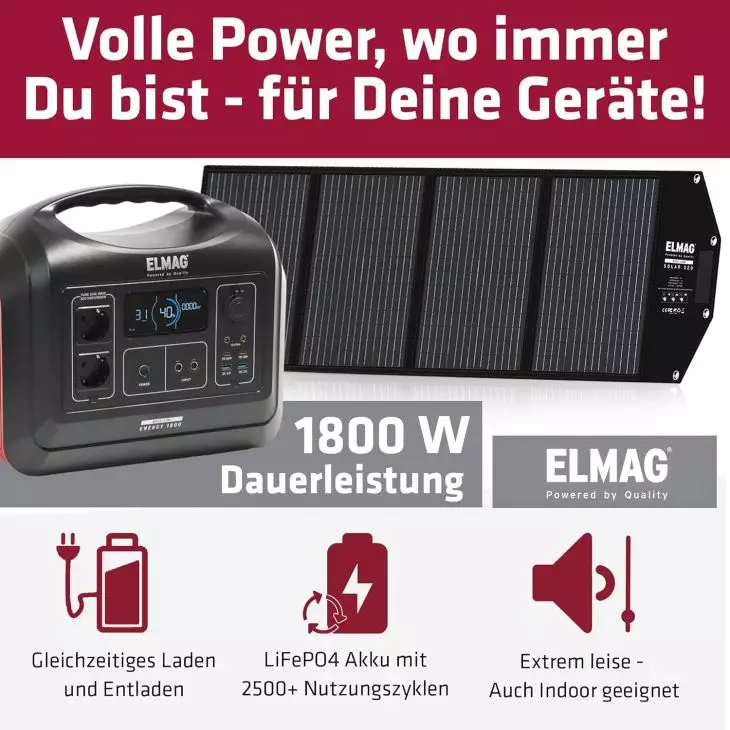ELMAG Portable Power Station 1480Wh with 220Wp Solar Generator Set – LiFePO4 Battery, 230V Sine Wave, MPPT, Outdoor & Emergency Power