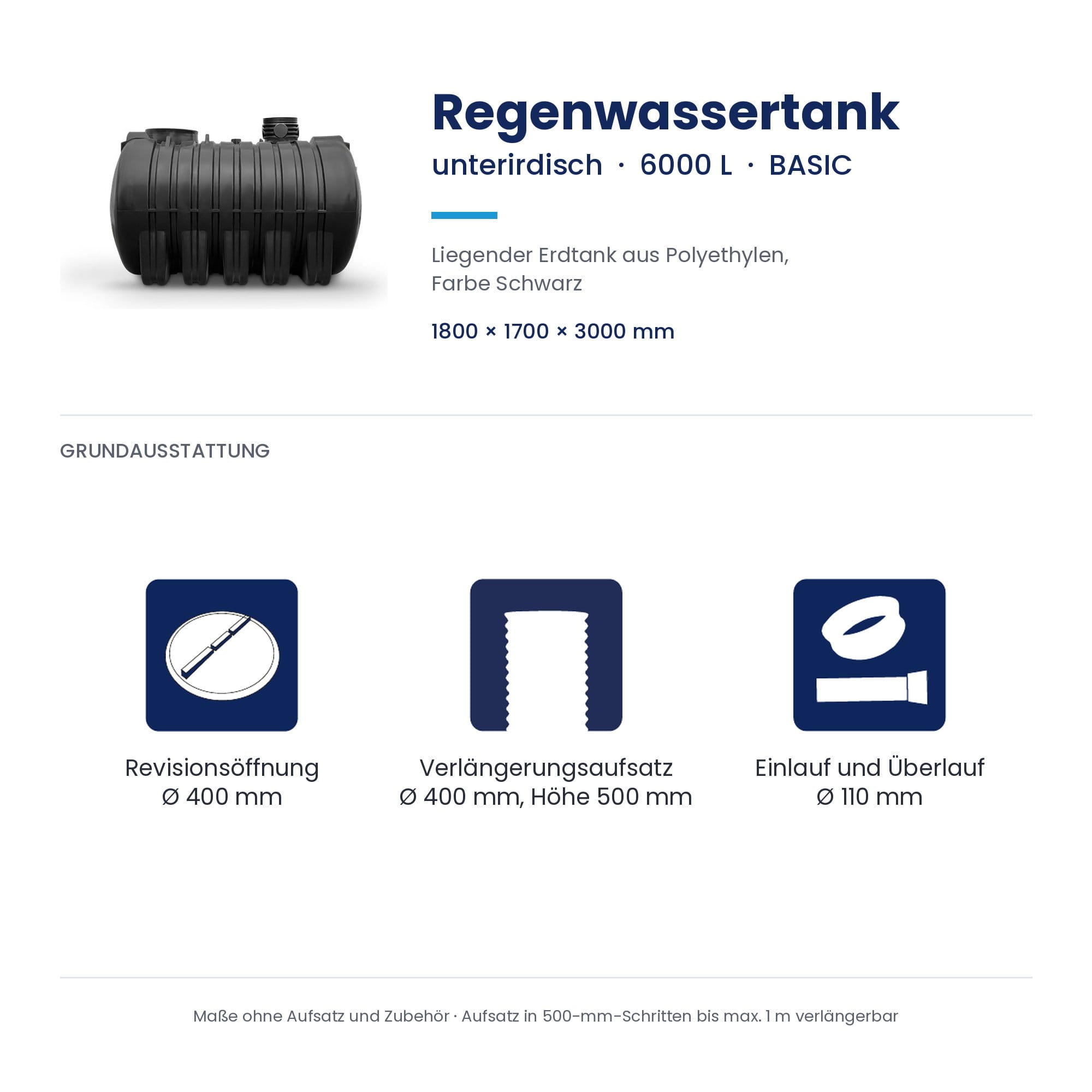 Regenwassertank, Unterirdisch, 6000 L, Polythylen, Schwarz