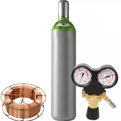 CO2-Zylinder, Gasflasche, Druckregler, Druckmesser, Holz-Spule