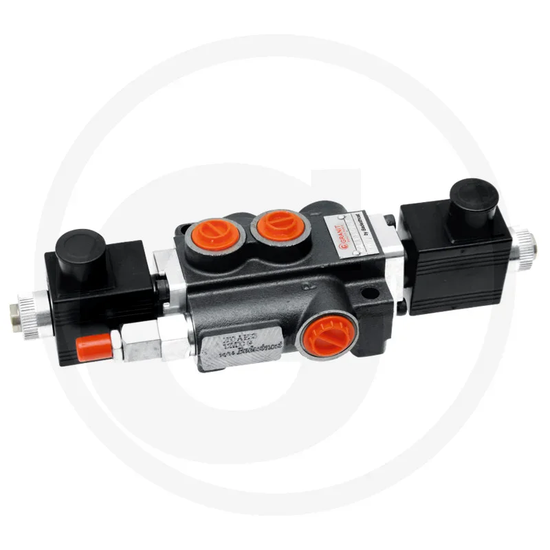 Hydraulikventil, Wegeventil, schwarzes Metallgehäuse, orange Verschlusskappen