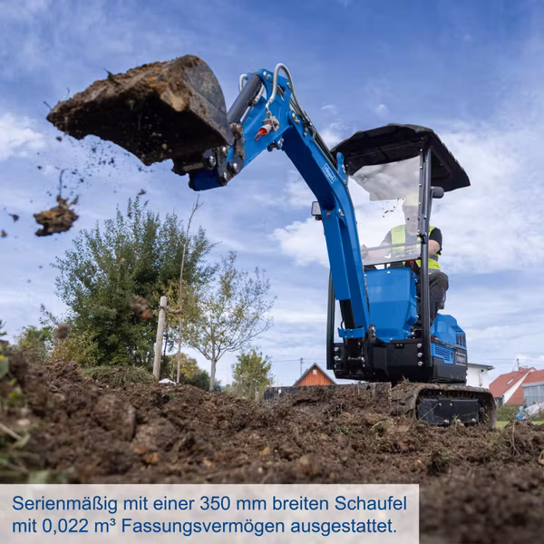 Scheppach EXC1400 Benzin-Minibagger – 11,5 PS, 1080 kg, 1760 mm Grabtiefe, 3210 mm Reichweite, 12,4 kN Grabkraft, ausfahrbares Fahrwerk 720–900 mm