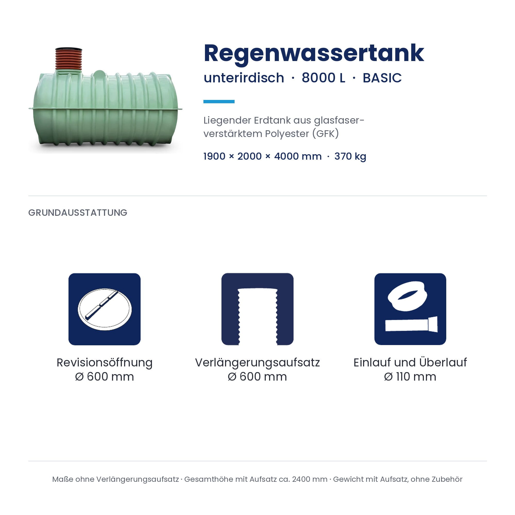 Regenwassertank, Unterirdisch, GFK, Polyester, 8000 L