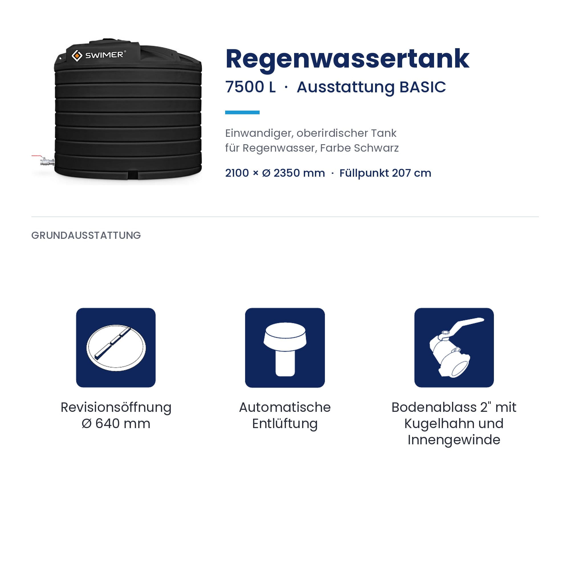 Regenwassertank, 7500 L, Schwarz, Einfache Ausstattung, Auslaufventil