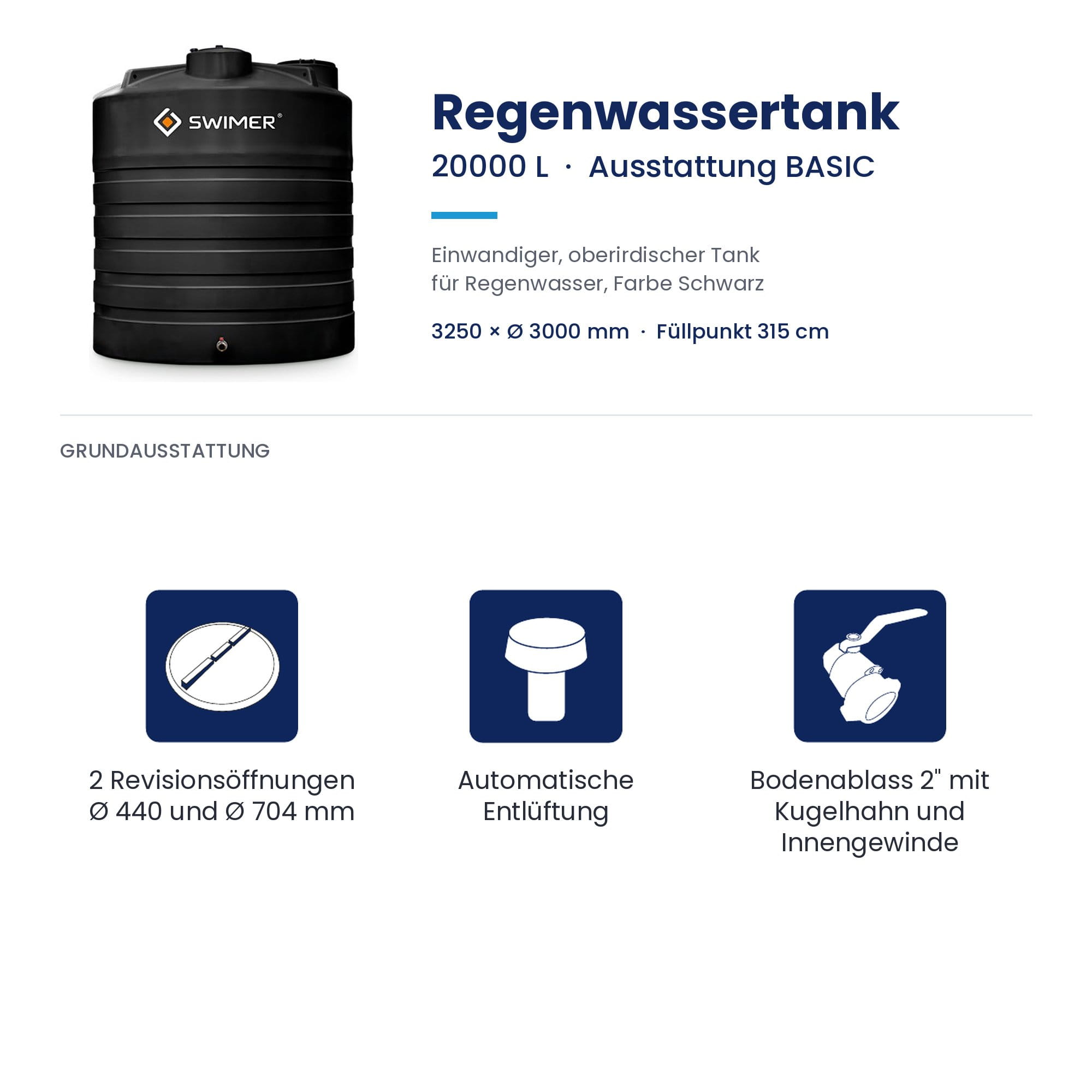 Regenwassertank, 20000 L, Schwarz, oberirdisch, Fassungsvermögen
