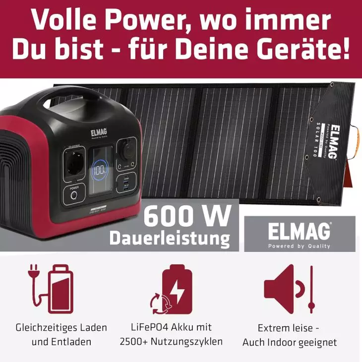 ELMAG Tragbare Power Station 600W mit Solargenerator-Set – LiFePO4 Akku 595Wh, 100Wp Solarpanel, reiner Sinus