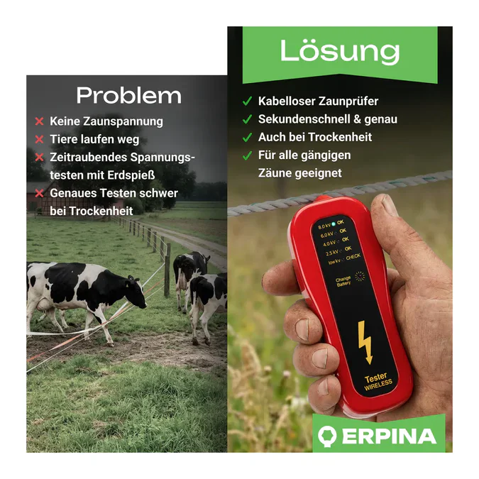 Erpina Zaunprüfer »Redster« mit LED-Anzeige | Kabelloser Weidezaunprüfer bis 8.000 Volt