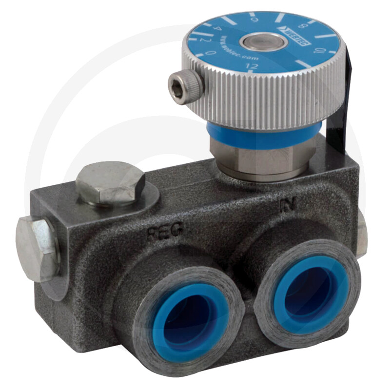 Hydraulikventil, Durchflussregler, Metallgehäuse, Einstellknopf, Blaue Anschlüsse
