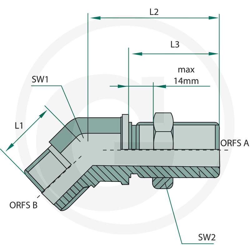 Hydraulikverschraubung, Winkelanschluss, Metall, Sechskantmutter