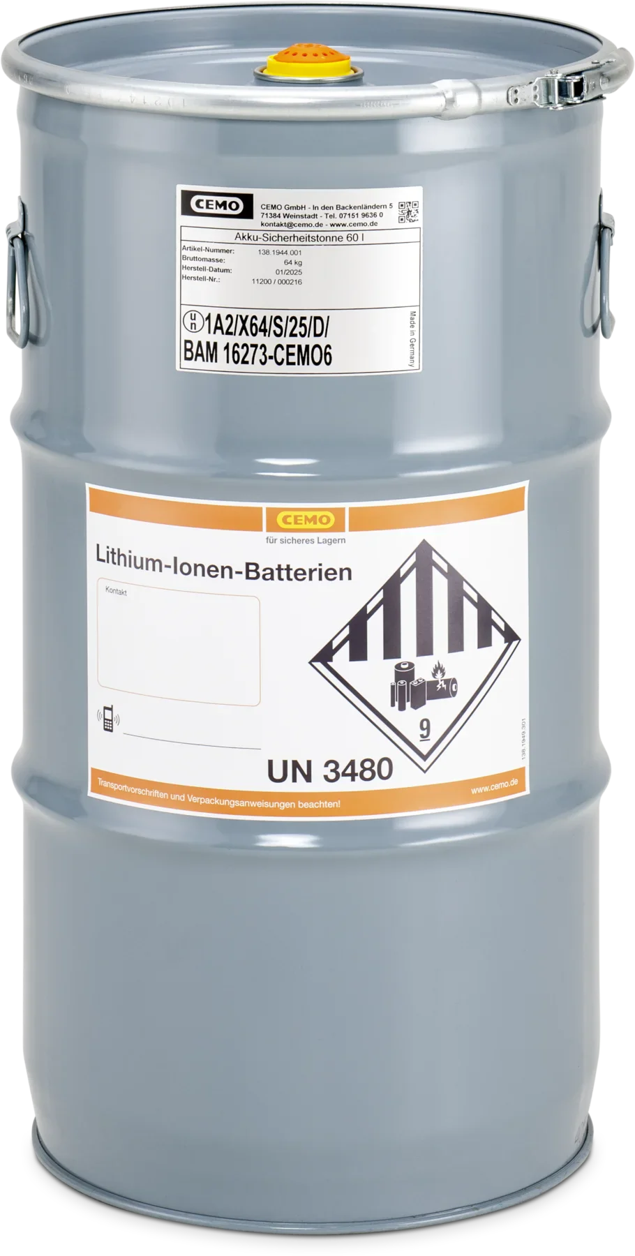 CEMO Akku-Sicherheitstonne 60 l – UN-zugelassenes Spannringfass für defekte Lithium-Akkus inkl. Vermiculit