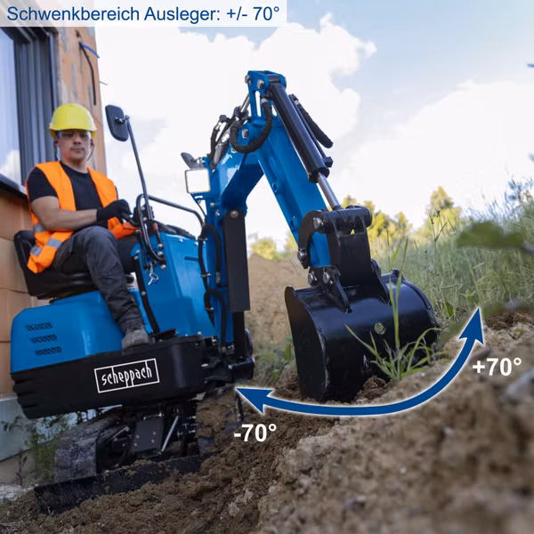 Scheppach MB850 Benzin-Mini-Bagger – 8,5 PS, 1200 mm Grabtiefe, 2330 mm Reichweite, 690 mm Spurbreite, inkl. Dach, 53-cm-Böschungslöffel, Baggerdaumen & Haltekralle