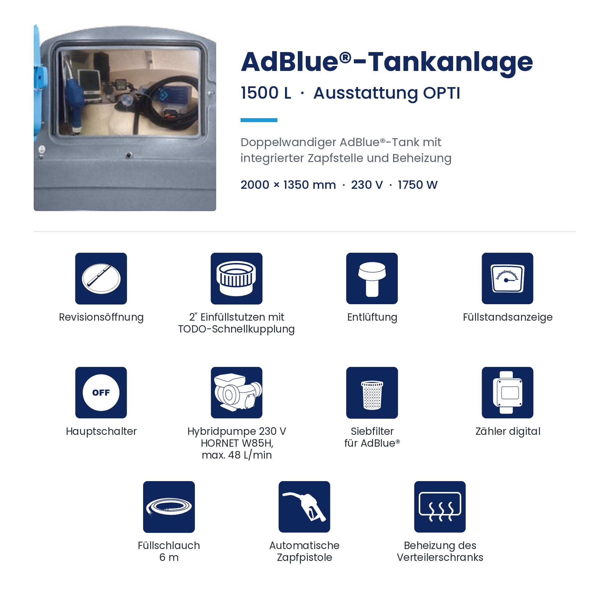 Tankanlage, AdBlue, 1500 L, Ausstattung, OPT I