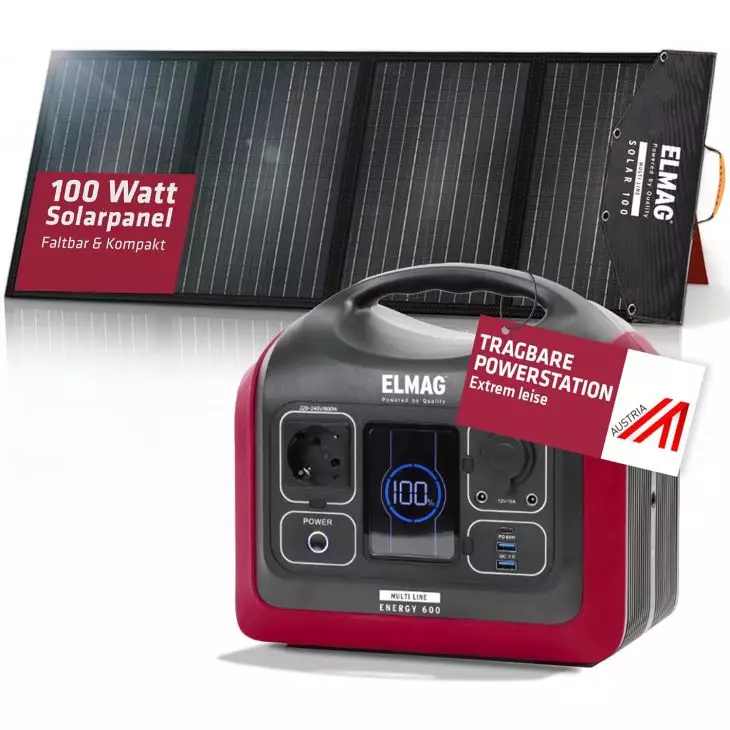 ELMAG Portable Power Station 600W with Solar Generator Set – LiFePO4 Battery 595Wh, 100Wp Solar Panel, Pure Sine Wave