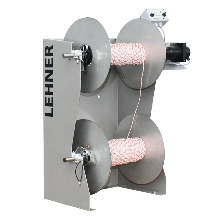 Kabelwickelmaschine, motorisiert, Metallgehäuse, Doppelspule, rot-weißes Kabel