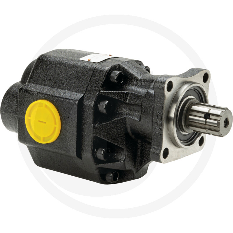 hydraulic pump, gear pump, splined shaft, black metal, yellow cap