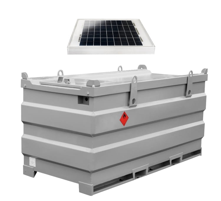 Pressol mobiSTEEL® 2000 l ADR-Dieseltank doppelwandig mit Solarpumpenset 10 W, 12 V Akku, Digitalzähler & 54 l/min