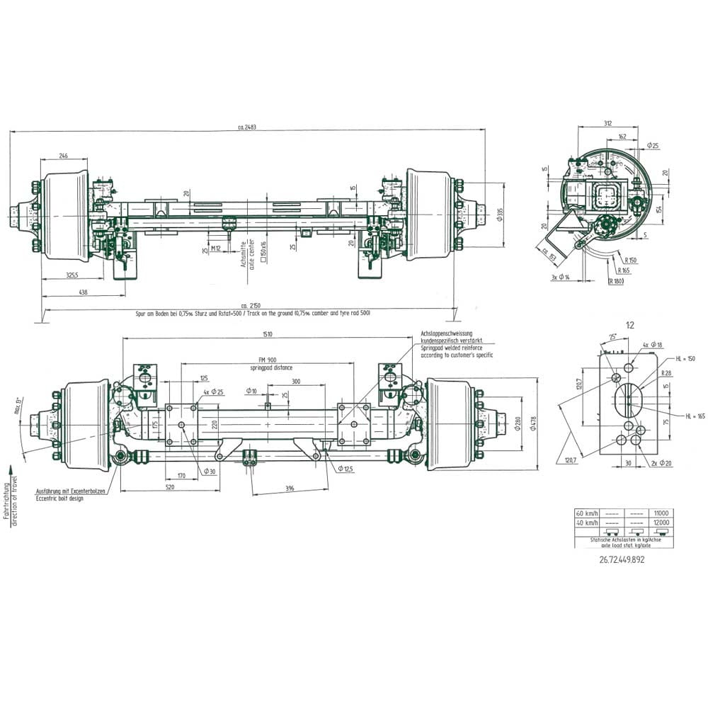BPW steering axle 410x180 (forced steering) - 10-hole / 900mm / 12,000kg