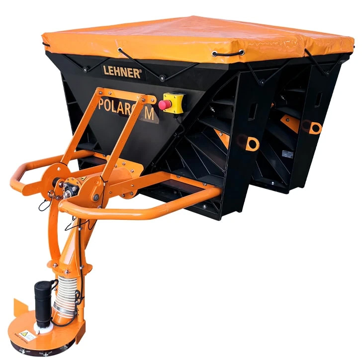 Streusalzstreuer, Anbaustreuer, orange Abdeckplane, schwarzer Stahlbehälter, Traktorgerät