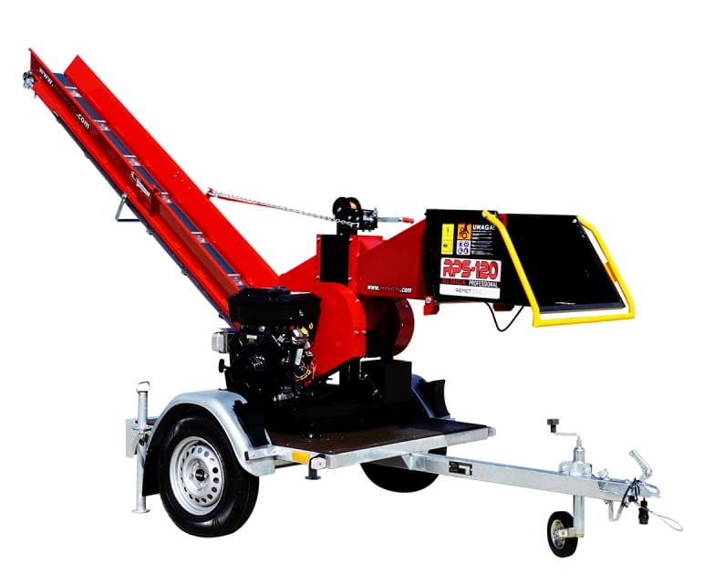 Remet RPS-120 Holzhacker – 27 PS, Drehkranz 360°, 3 m Förderband & Anhänger | Profi Benzin-Hacker