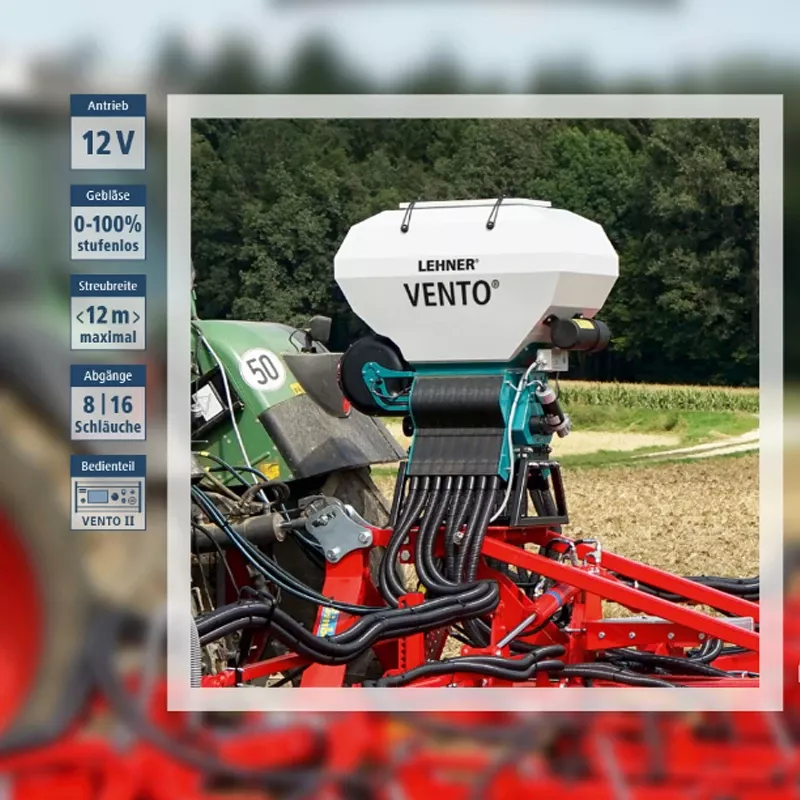 Épandeur de tuyau LEHNER VENTO® Type 500-16 – Épandeur de précision de 500 litres avec 16 sorties et double souffleur haute performance