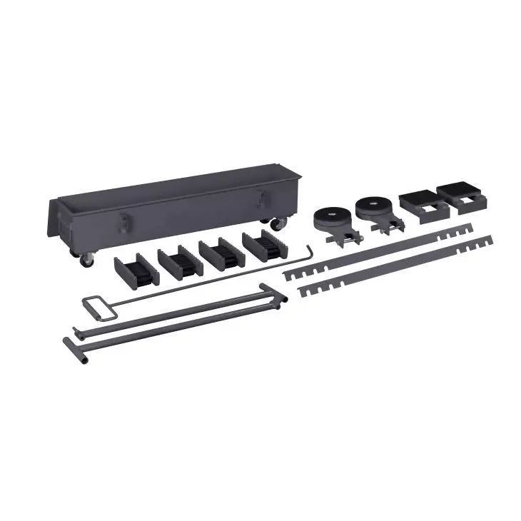 Consisting of: * 4 transport rollers * 2 support plates * 2 turntables * 2 steering rods * 2 connecting rods * 1 lockable metal box with wheels * 1 drawbar – Heavy-duty transport roller set 20,000 kg