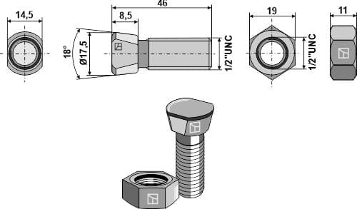 BL32656 Scharschraube - 12.9  1/2" UNC x 46 mit Sechskantmutter