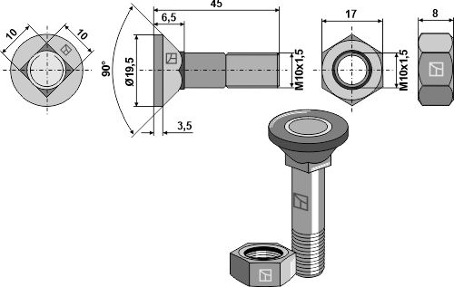 Plough screw M10x1.5x45 and hexagon nut