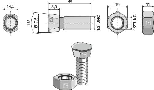 BL32619 Scharschraube -12.9  1/2" UNC x 39 und Sechskantmutter
