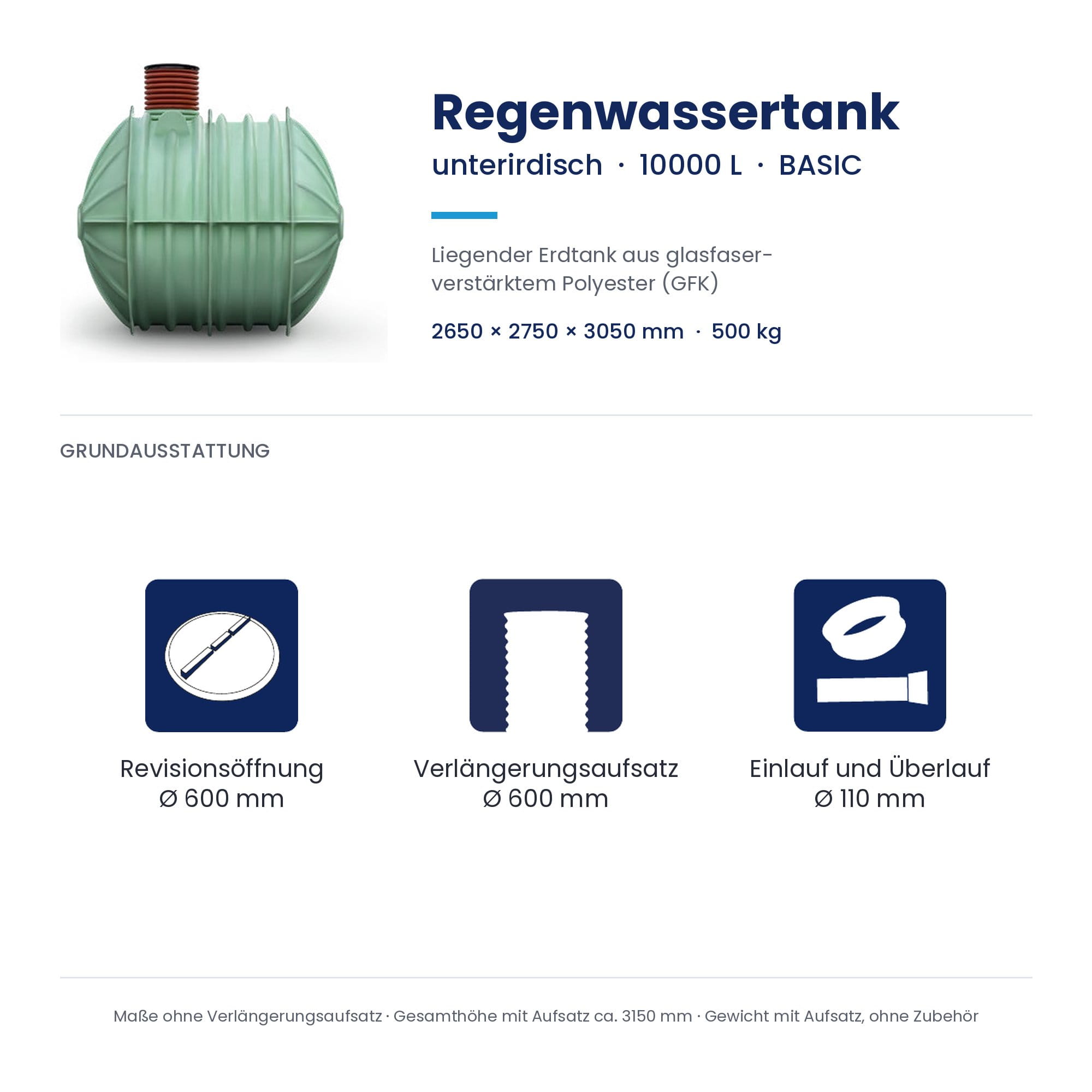 Regentank, Unterirdischer Tank, GFK, Glasfaserverstärkt, 10000 L