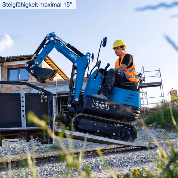 Scheppach MB850 Benzin-Mini-Bagger – 8,5 PS, 1200 mm Grabtiefe, 2330 mm Reichweite, 690 mm Spurbreite, inkl. Dach, 53-cm-Böschungslöffel, Baggerdaumen & Haltekralle