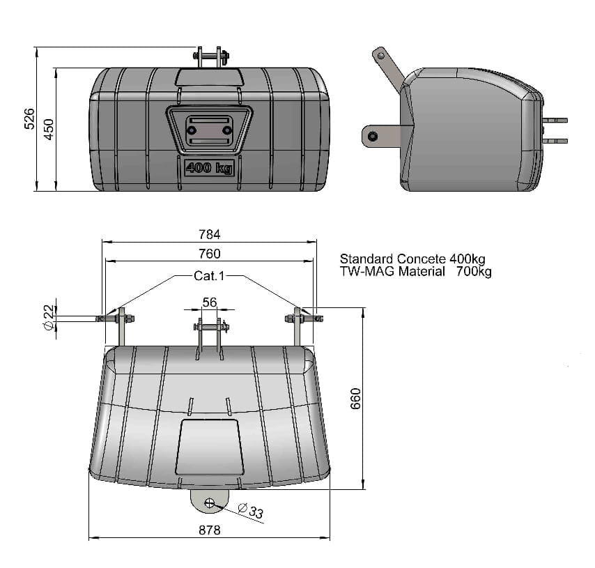 Saphir Front-/Heckgewicht 400 kg – KAT 1/2 | Stahlbeton Gewicht für Traktoren