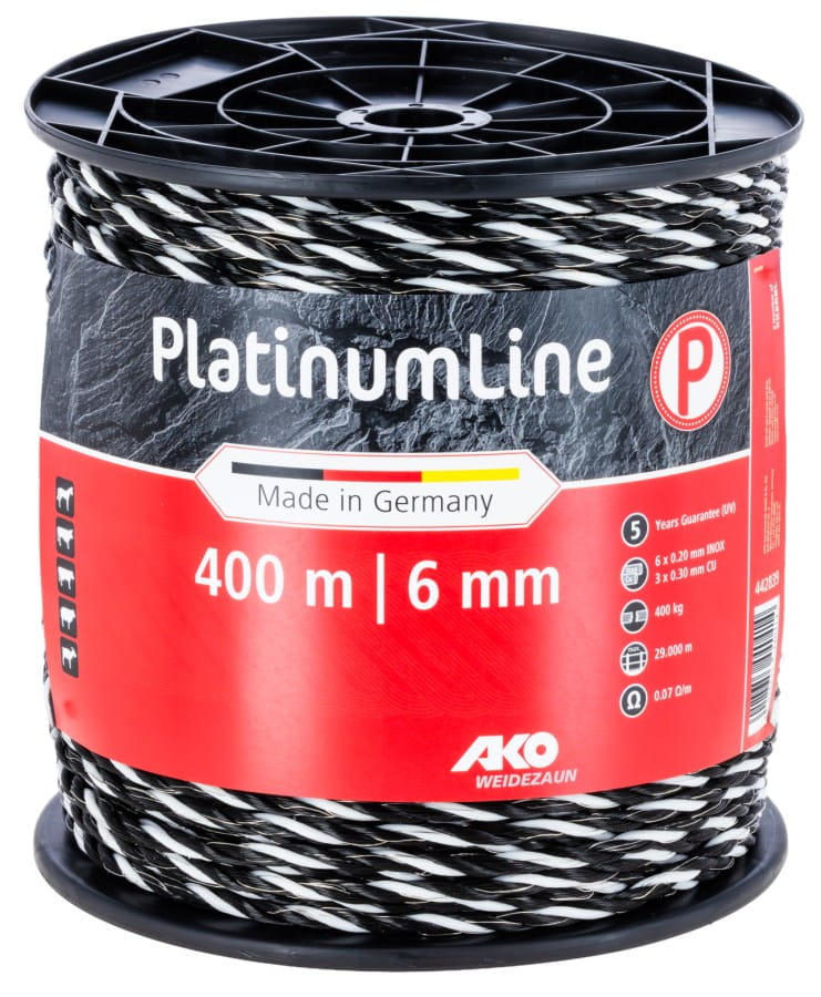 AKO Weidezaunseil PlatinumLine 400 m schwarz/weiß – Elektrozaunseil mit Kupferleitern