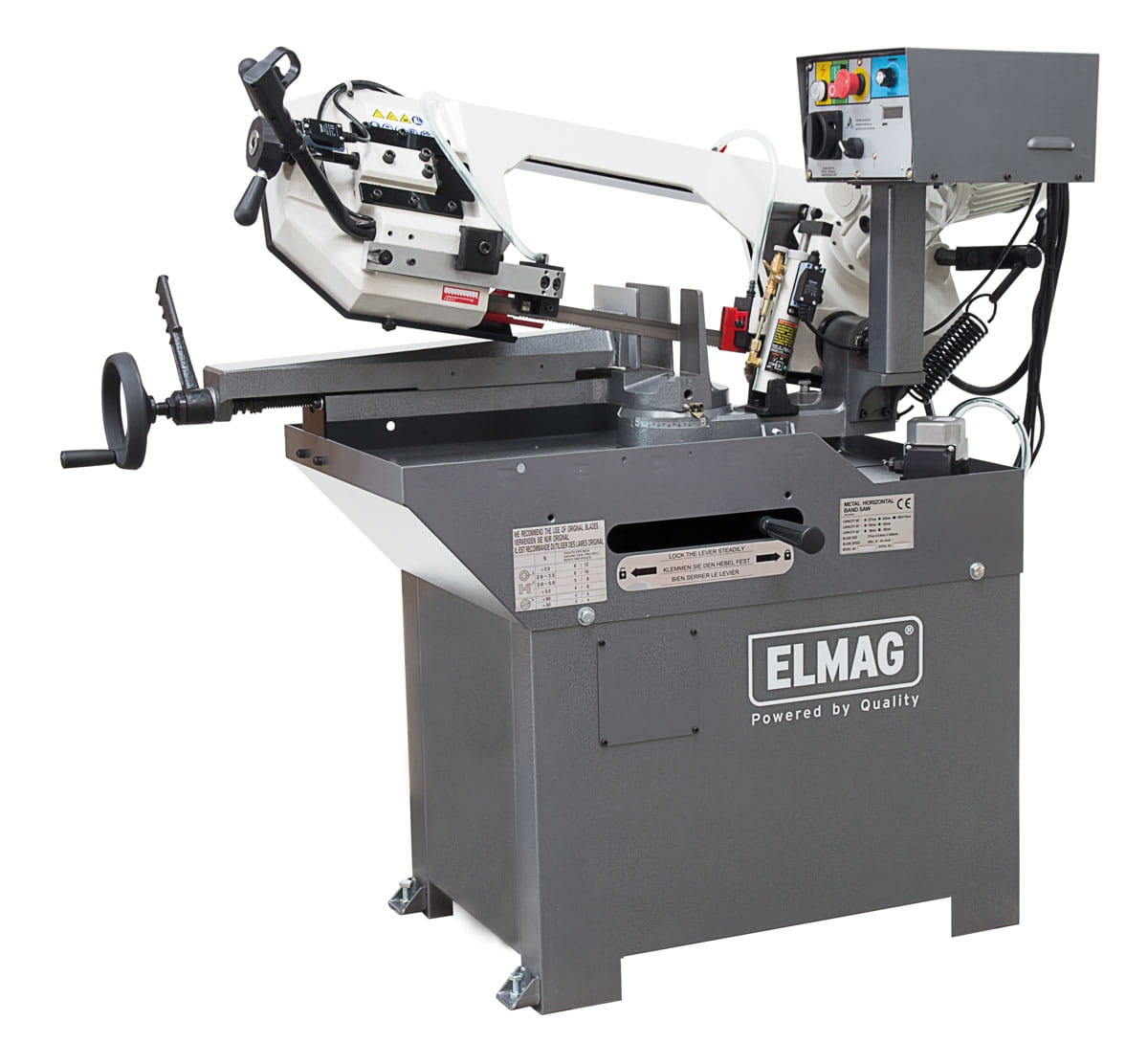 Elmag metal band saw with 170 mm cutting range, stepless speed control, hydraulic lowering mechanism and 750 W motor