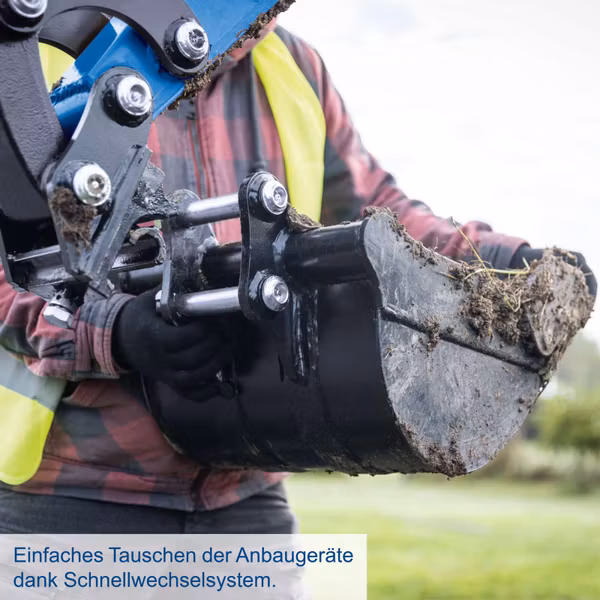 Scheppach EXC1400 Benzin-Minibagger – 11,5 PS, 1080 kg, 1760 mm Grabtiefe, 3210 mm Reichweite, 12,4 kN Grabkraft, ausfahrbares Fahrwerk 720–900 mm