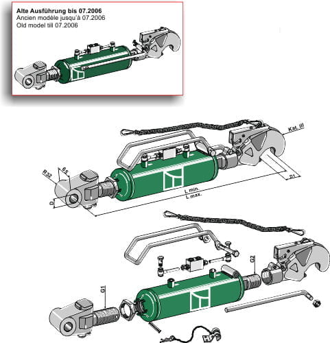 654-3-106 KAT III Hydraulischer Oberlenker mit Fanghaken und Gelenkkopf