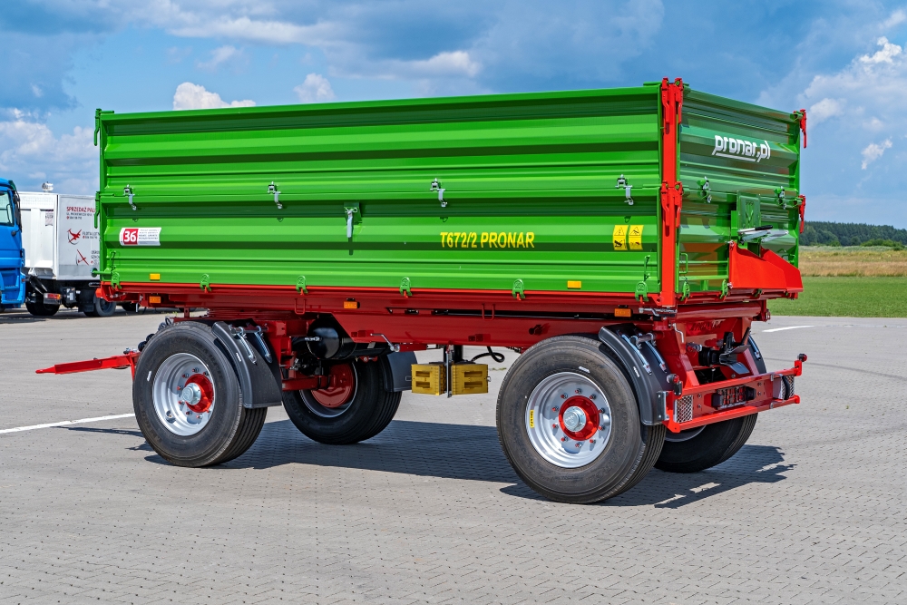 Hydraulic trailer, Agricultural trailer, Green container, Red chassis, T672/2 Pronar