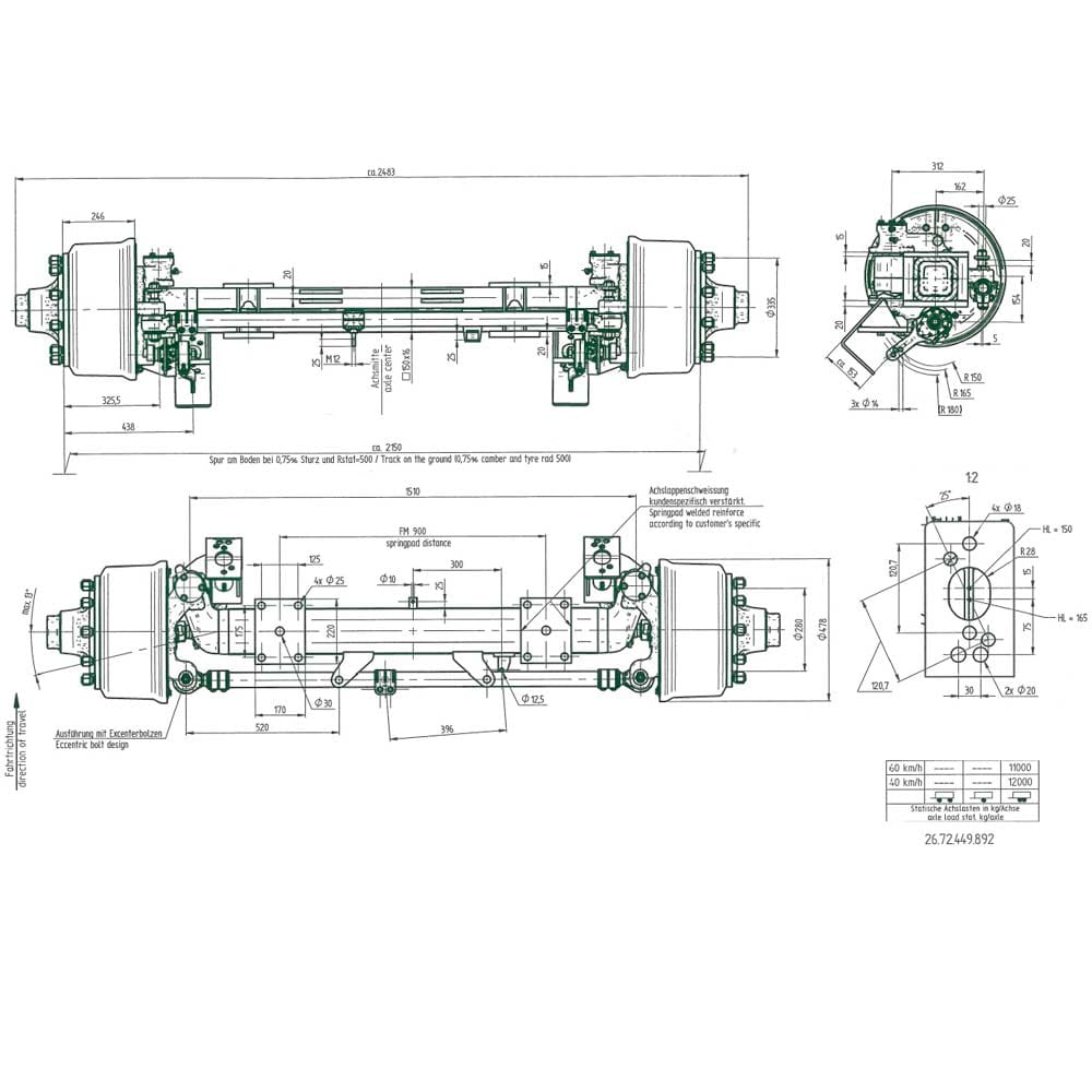 BPW steering axle 410x180 (trailing axle) - 10-hole / 900mm / 12,000kg