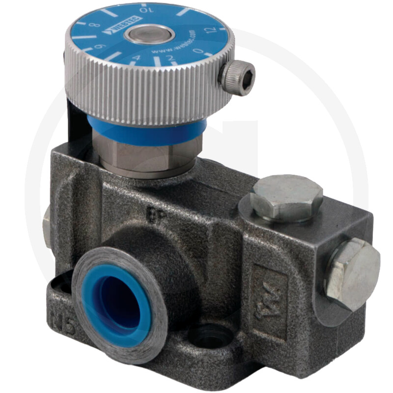 Hydraulikventil, Durchflussregler, Einstellrad, Metallgehäuse, Blaue Skala
