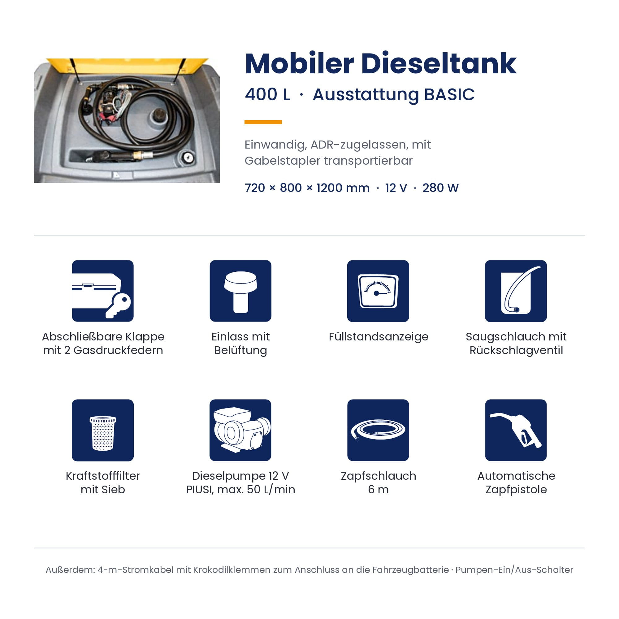 Dieseltank, Mobiler Tank, Kapazität 400 L, Ausführung BASIC, Gabelstapler transportierbar