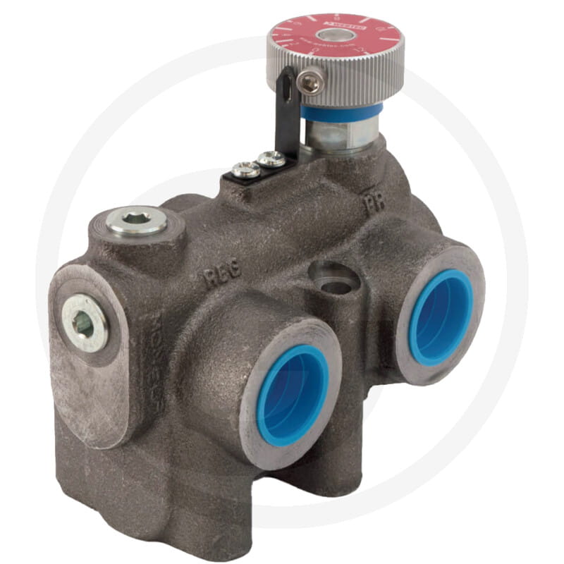 Hydraulikventil, Druckregelventil, Gussgehäuse, Einstellrad, Blaue Anschlüsse