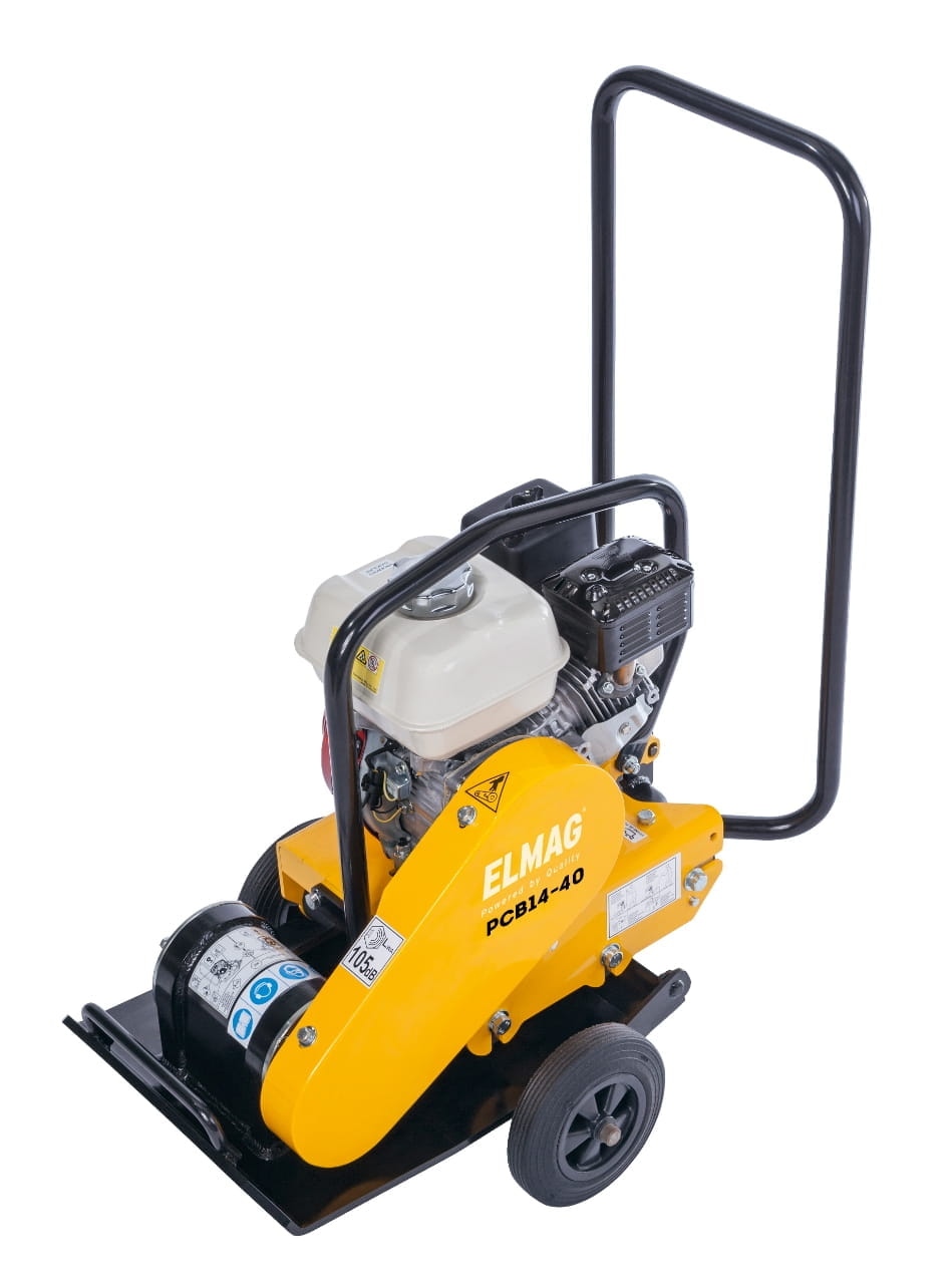 Elmag PCB14-40 forward-running vibratory plate compactor with Honda GX160 engine, 14 kN centrifugal force, including transport wheels and crane hook