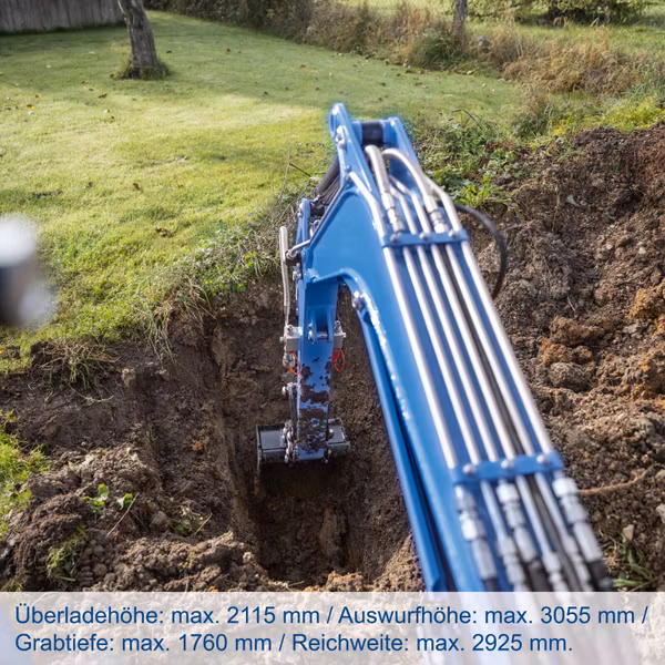 Scheppach EXC1400 Benzin-Minibagger – 11,5 PS, 1080 kg, 1760 mm Grabtiefe, 3210 mm Reichweite, 12,4 kN Grabkraft, ausfahrbares Fahrwerk 720–900 mm
