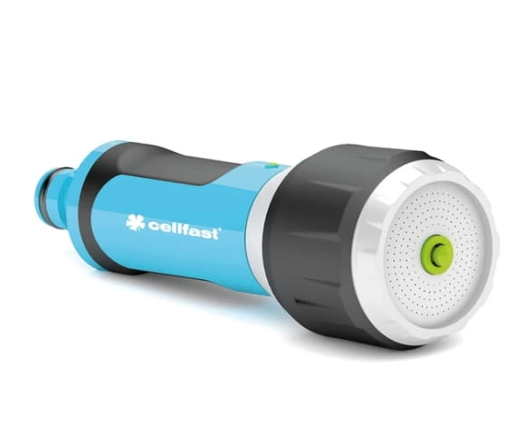 Wasserhahn-Durchflussregler, Gartenschlauch-Düse, Spritzschutz, Grün-weiße Akzente, Cellfast-Brandhint