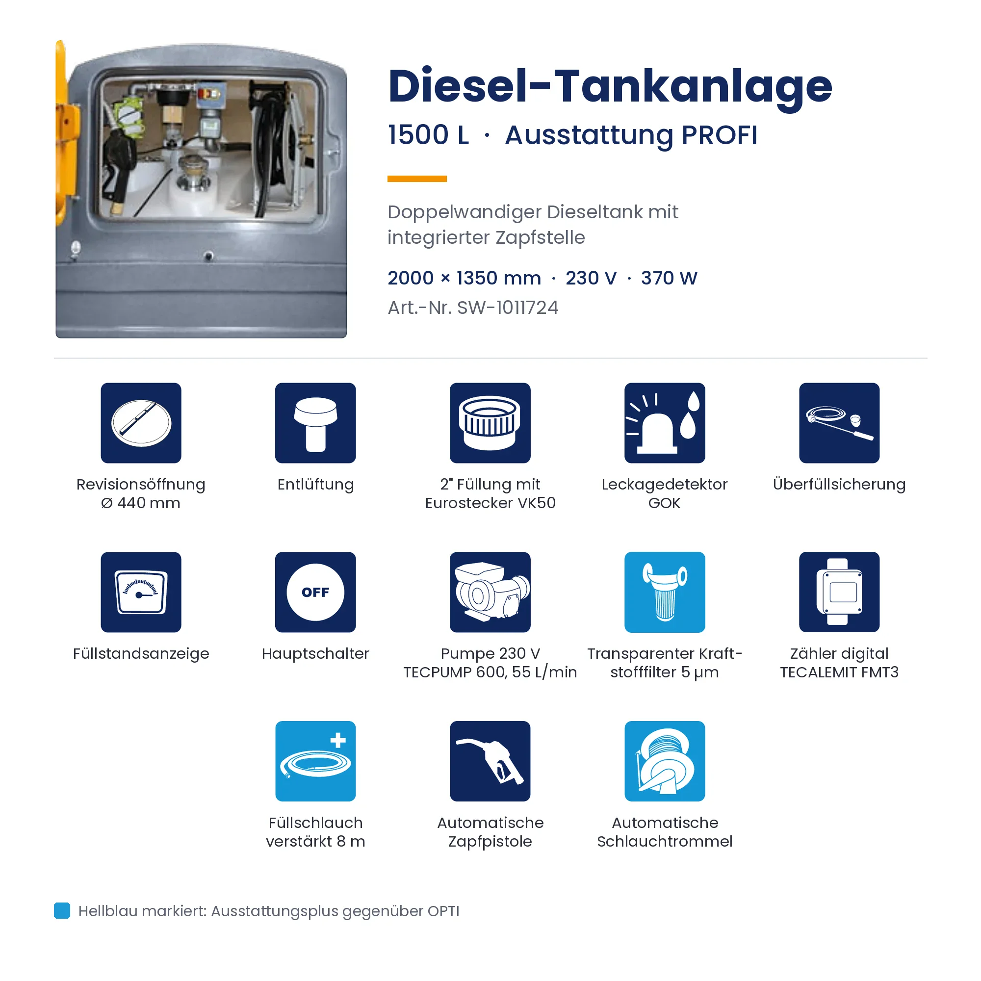 Diesel-Tankanlage, 1500 L, Ausstattung PROFI, Doppelwandiger Tank, Zapfstelle