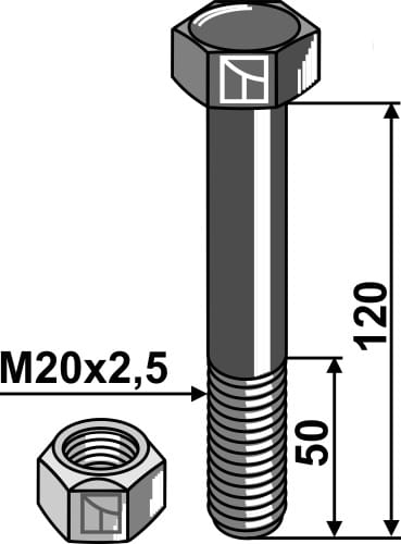 Hex bolt M20x2.5x120 with lock nut