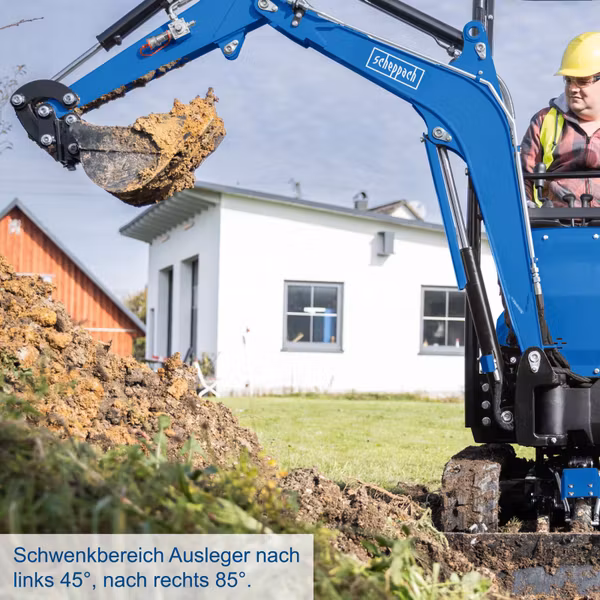 Scheppach EXC1400 Benzin-Minibagger – 11,5 PS, 1080 kg, 1760 mm Grabtiefe, 3210 mm Reichweite, 12,4 kN Grabkraft, ausfahrbares Fahrwerk 720–900 mm