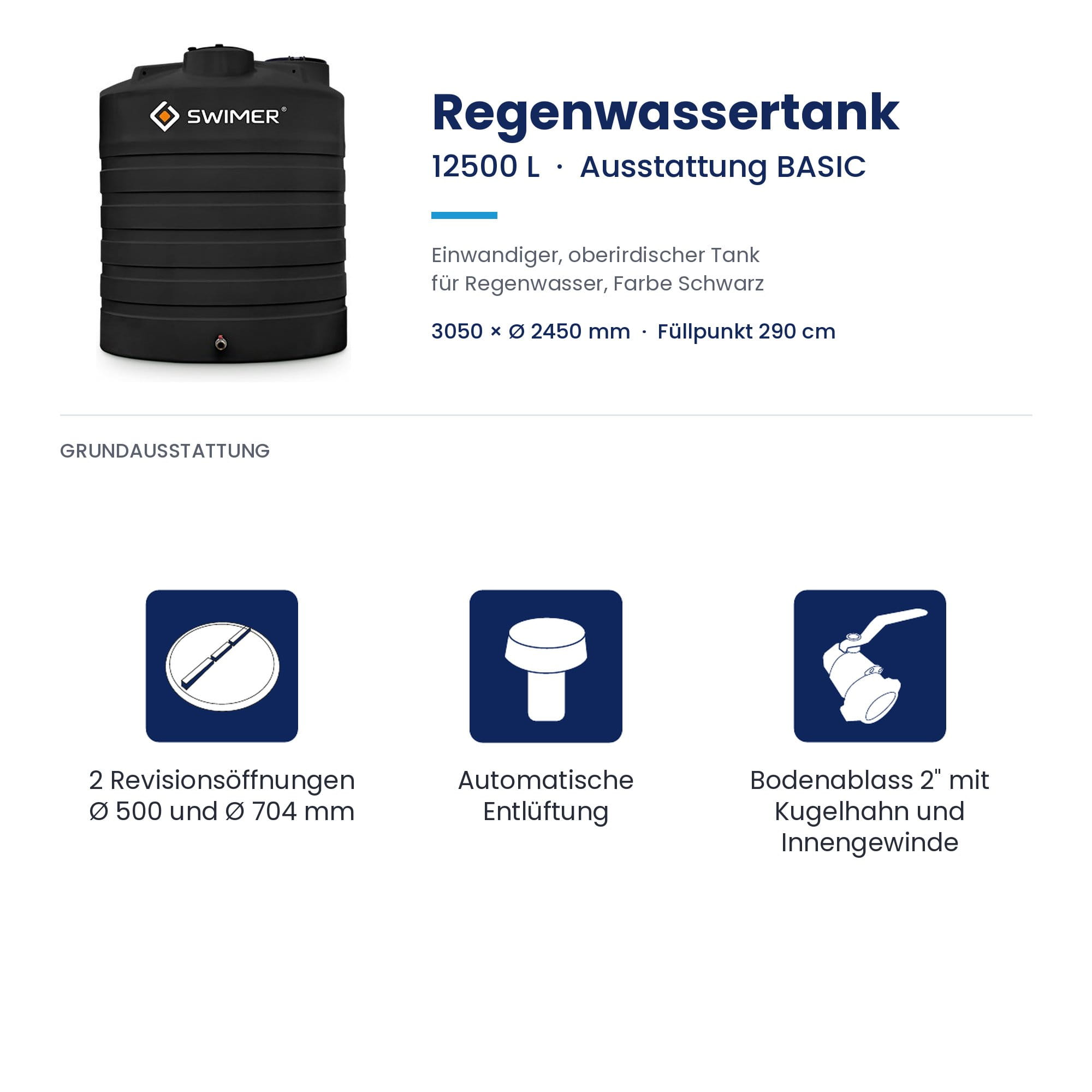 Regentank, Regenwassertank, 25 000 L, Schwarz, Bodenablass