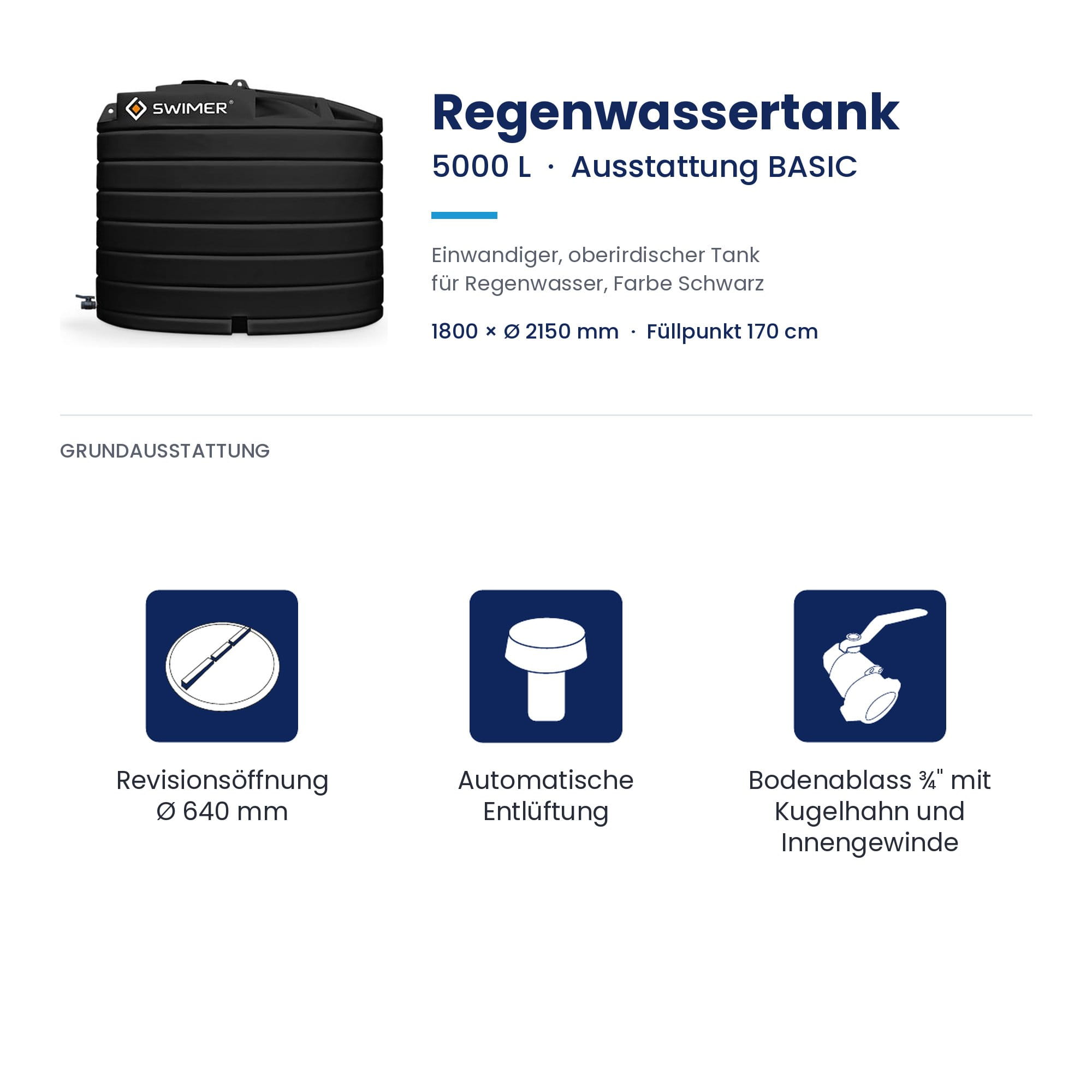 Regenwassertank, 5000 L, Schwarz, Außentank, Füllpunkt170 cm