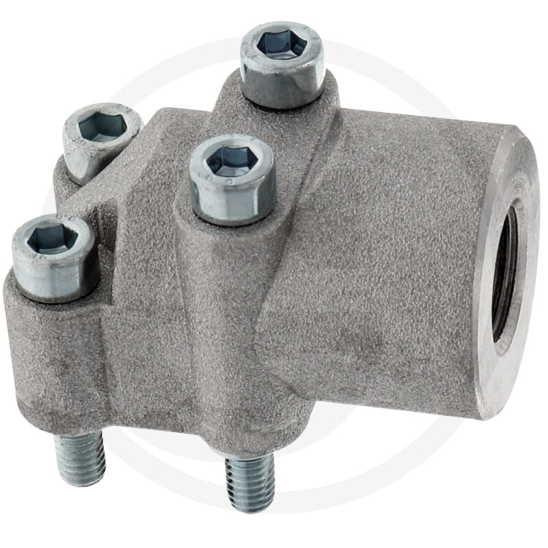 Winkel Pumpenflansch Aluminium - Anschluss 3/8" BSP /  2x M6 x 30, 2x M6 x 40