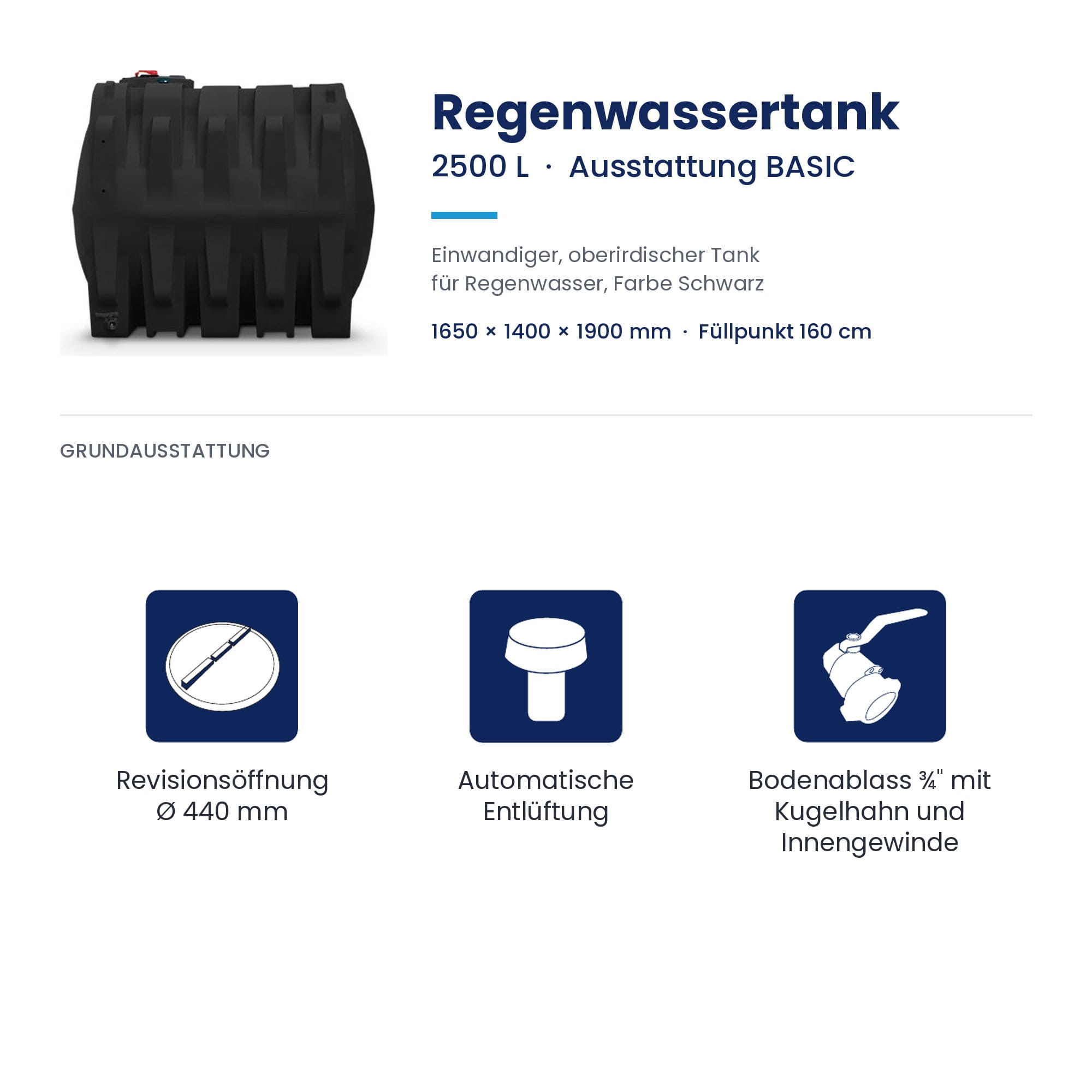 Regenwassertank, 2500 L, Ausstattung BASIC, oberirdischer Tank, Regenspeicher
