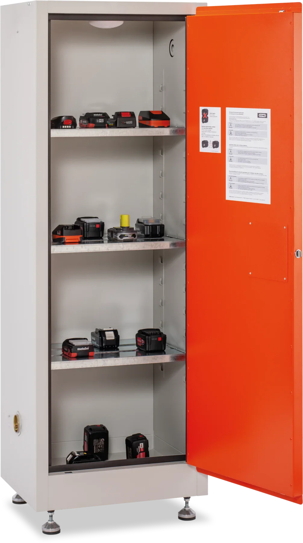 CEMO Akku-Lagerschrank für Lithium-Akkus – 1650 × 600 × 460 mm, 3 Fachböden, abschließbar